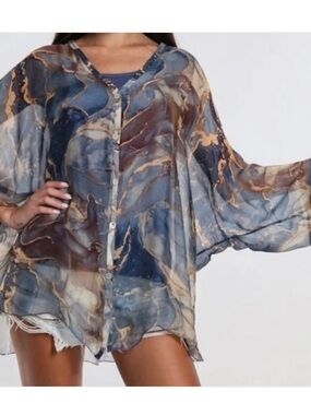 J&L Paris Rosana Marble Silk Sheer Blouse Size OS